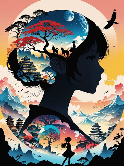 double exposure collage art illustration, silhouette art, fantasy,,, surrealism, hyperdetailed, hypermaximalist illustration, art by Anime Key Visual, Japanese Manga, Pixiv, Zerochan, Anime art, Fantia