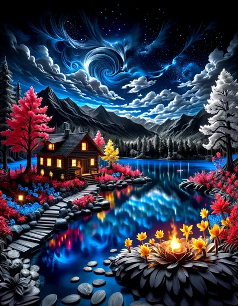 (miniature isometric:1.5), vibrant vivid illustration, (paper quilling:1.2), infrared photo, (black and white image, blue accent:1.1) at night (silk stars:1.2), overlooking scenic lake, dark moody, (pure black sky:1.2), 8k, red vegetation, log cabin yellow,