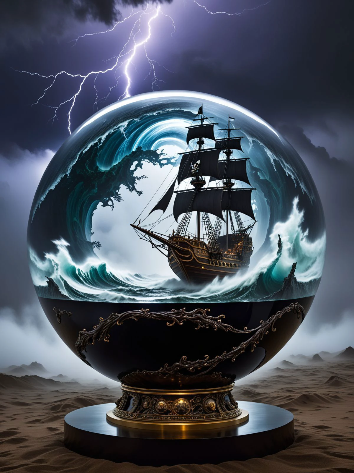 A glass sphere sculpture, concealed inside the sphere is a large Pirate Ship in a Lightning storm, large waves, in the dark, swirling fog, dim light at the vast steppe, a scene of surreal and surreal, reminiscent of a scene from a Space Odyssey.