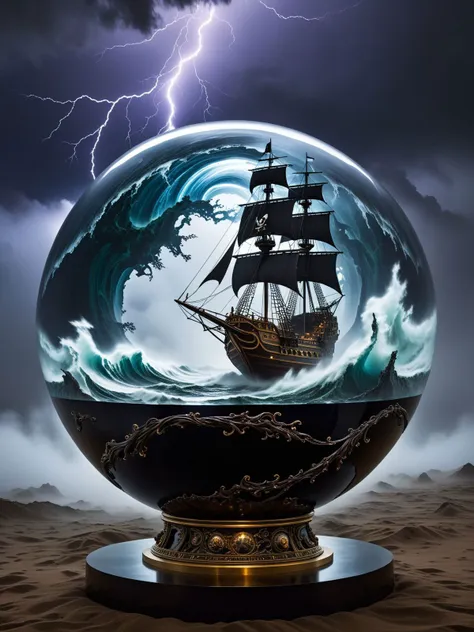 A glass sphere sculpture, concealed inside the sphere is a large Pirate Ship in a Lightning storm, large waves, in the dark,  swirling fog, dim light at the vast steppe, a scene of surreal and surreal, reminiscent of a scene from a Space Odyssey.