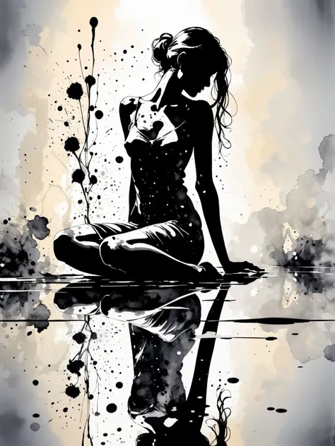 physically emotive woman on a reflective surface , ink illustration,ink stains,ink splatters,ink runs,ink spots,faded ink,monochromatic colors pop, soft shadows , conclude with a modern life vignette, in the style of impressionist paintings.