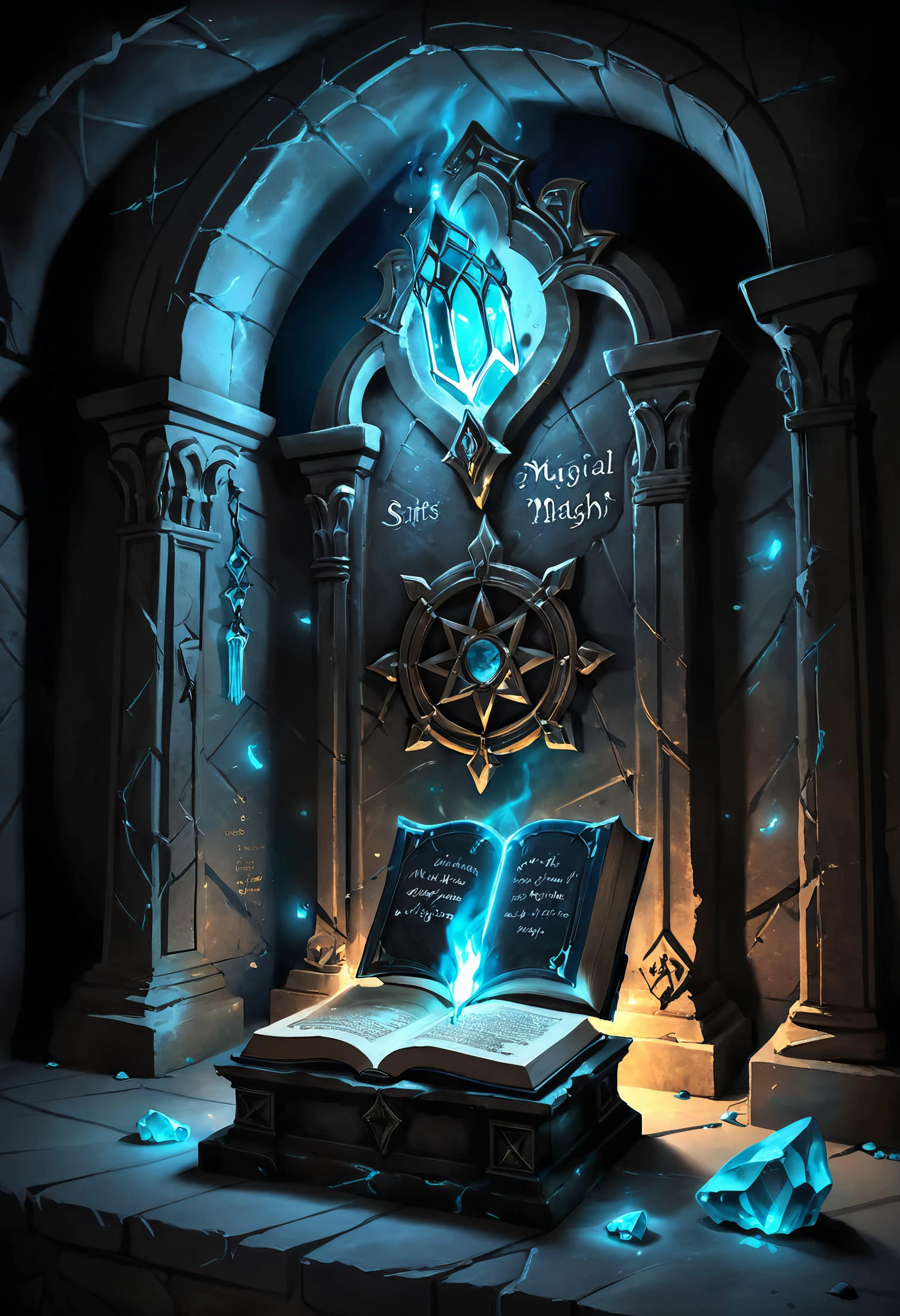 A large dusty magic tome, encrusted with blue topaz and glowing magical writing, sits on top of a stone altar in a pitch black crypt, lit by one torch hanging from a wall sconce.
<lora:shadowislesXL:0.8> shadowislexl, glowing, ghostly,