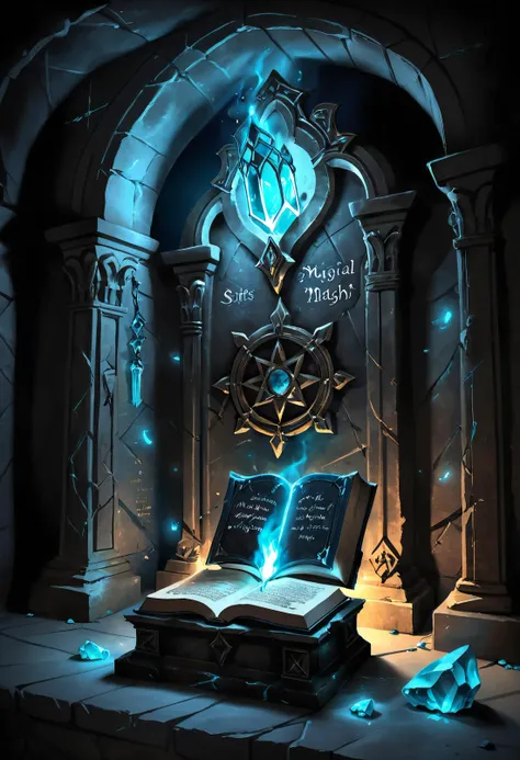 A large dusty magic tome, encrusted with blue topaz and glowing magical writing, sits on top of a stone altar in a pitch black crypt, lit by one torch hanging from a wall sconce.
 <lora:shadowislesXL:0.8> shadowislexl, glowing, ghostly,