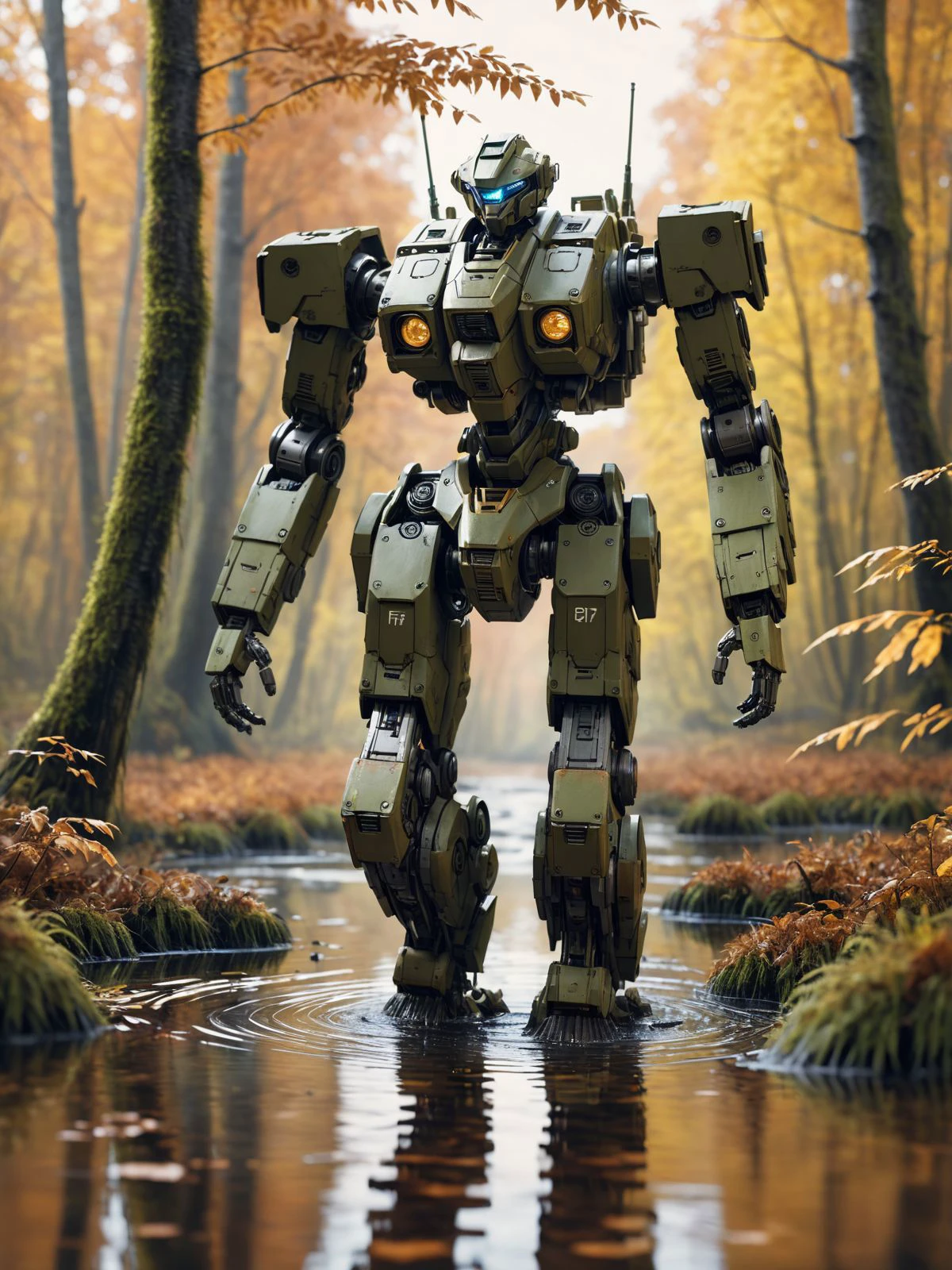 (Film still cinematic photography, tilt angle, bokeh, perfect composition, f 1.8, 44mm:1.1), (hyperdetailed forest, autumn theme:1.0), (archaic military mech walking in a swamp, ripples of water move, biomechanical man and a mech:1.3),