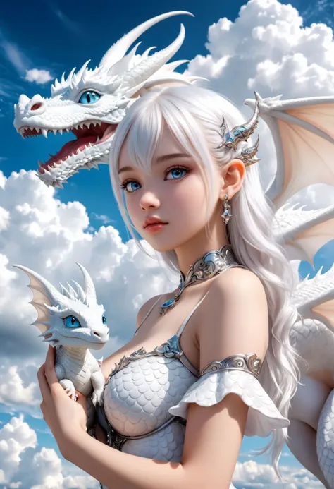 a beautiful 21yo woman with (a little white dragon in her arms), surrounded by white clouds, looking away, piercing eyes, fairyland at background, detailed face, detailed skin, dream, ultra wide angle, centered,