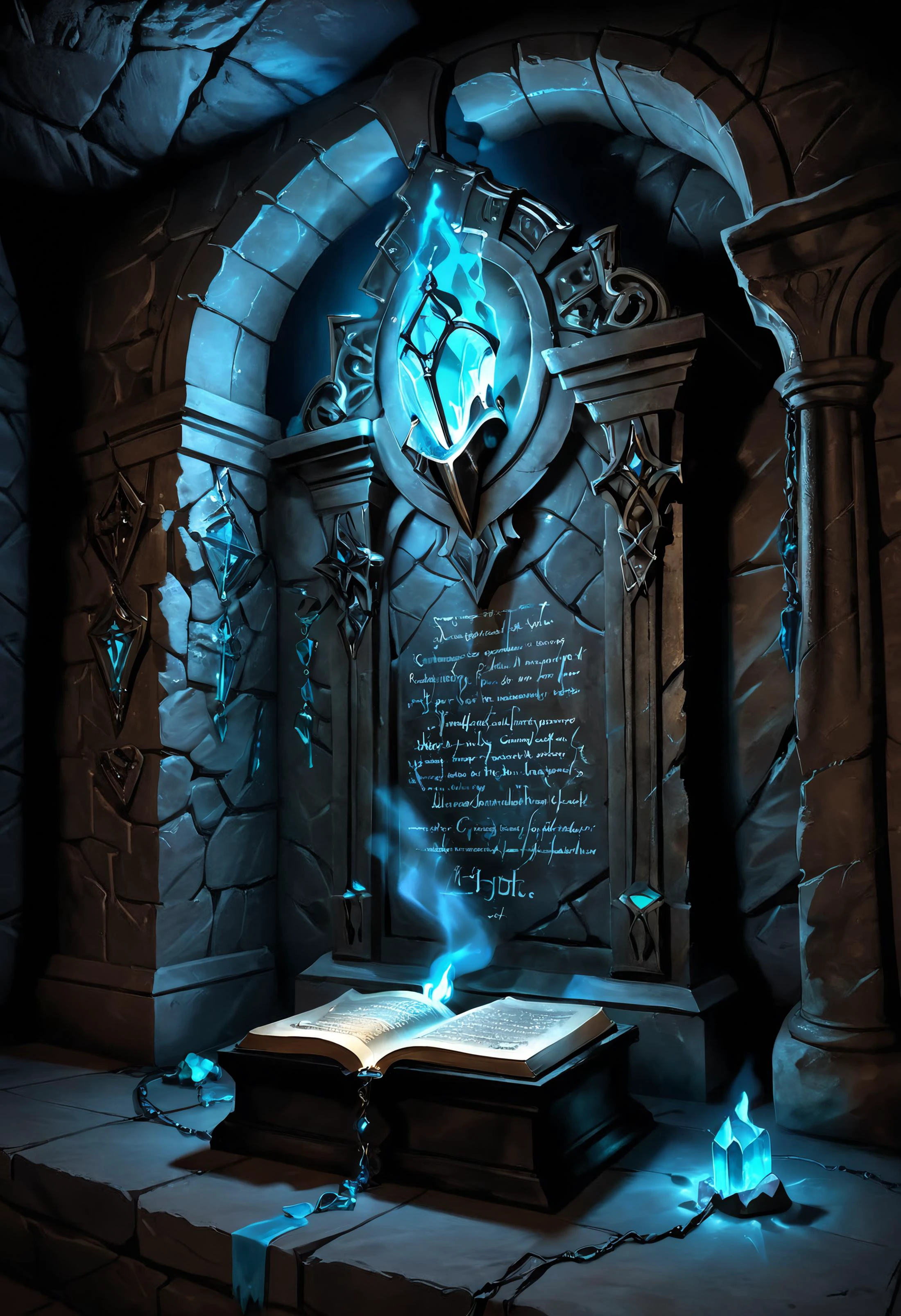 A large dusty magic tome, encrusted with blue topaz and glowing magical writing, sits on top of a stone altar in a pitch black crypt, lit by one torch hanging from a wall sconce. realistic,
<lora:shadowislesXL:0.8> shadowislexl, glowing, ghostly, <lora:RMSDXL_Darkness_Cinema:0.8> ,
