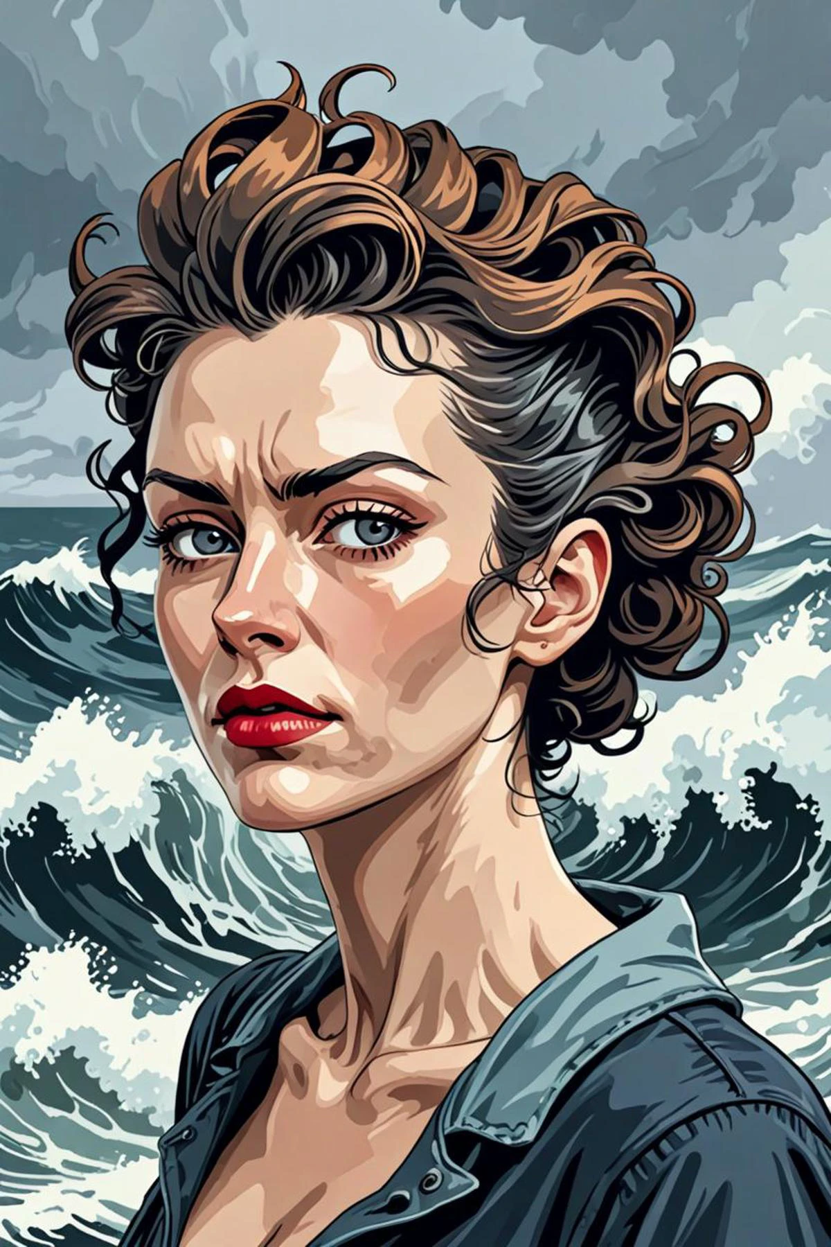 a feminine figure and high cheek bones in a rough seas in background in the style of cool hairstyle, neckbeard, <lora:sdxl_lightning_8step_lora.safetensors:1.0>, <lora:add detail xl.safetensors:1.5>,