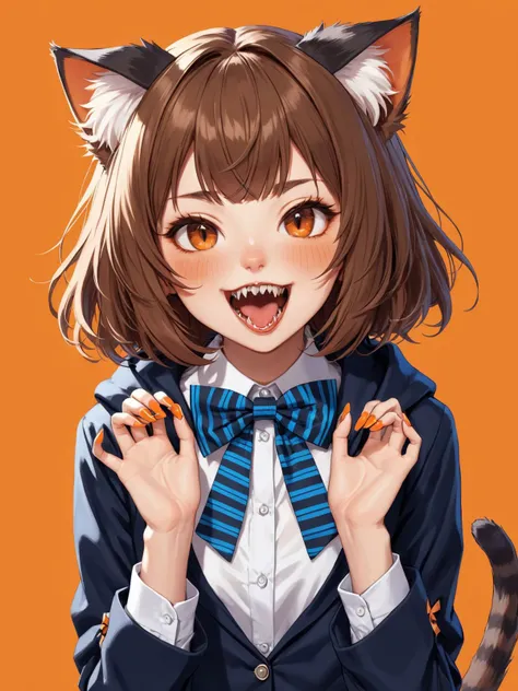 1girl, solo, animal ears, bow, teeth, jacket, tail, open mouth, brown hair, orange background, bowtie, orange nails, simple background, cat ears, orange eyes, blue bow, animal ear fluff, cat tail, looking at viewer, upper body, shirt, school uniform, hood, striped bow, striped, white shirt, black jacket, blue bowtie, fingernails, long sleeves, cat girl, bangs, fangs, collared shirt, striped bowtie, short hair, tongue, hoodie, sharp teeth, facial mark, claw pose,