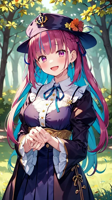 minato aqua, 1girl, solo, long hair, looking at viewer, smile, open mouth, bangs, hat, long sleeves, ribbon, upper body, flower, :d, outdoors, day, puffy sleeves, tree, neck ribbon, grass, nature, forest, <lora:minatoaqua_trSafe:1>