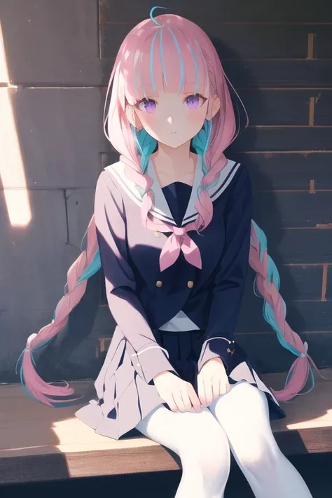 <lora:tr_minatoaqua_safe:1>, minato_aqua, masterpiece,best quality,extremely detailed 8k wallpaper,an extremely delicate and beautiful,
classic,outdoors,
ray tracing,Depthoffield,realistic shadows,delicate shadow,best illuminatio,lens flare,
a extremely delicate and beautiful girls,Very long Pink twin braids,reflective hair,blunt bangs, detailed violet eyes,extremely beautiful detailed cool anime face,Very long eyelashes,eyeliner,super detailed skin,flowers on face
school uniform,White pantyhose,
sitting,