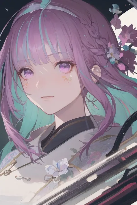 <lora:tr_minatoaqua_safe:1>, minato_aqua ,1girl,solo, very long pink hair,Purple eyes,floating hair,french braid,flowers on face,
Masterpiece,best quality, beautifully painted,highly detailed,lens flare,thick lines,(by Wadim Kashin),illustration,
detailed face,detailed eyes,detailed background, detailed skin,highly detailed skin,fog,
(White fengguan:1.3),kawaii,Aestheticism Painting