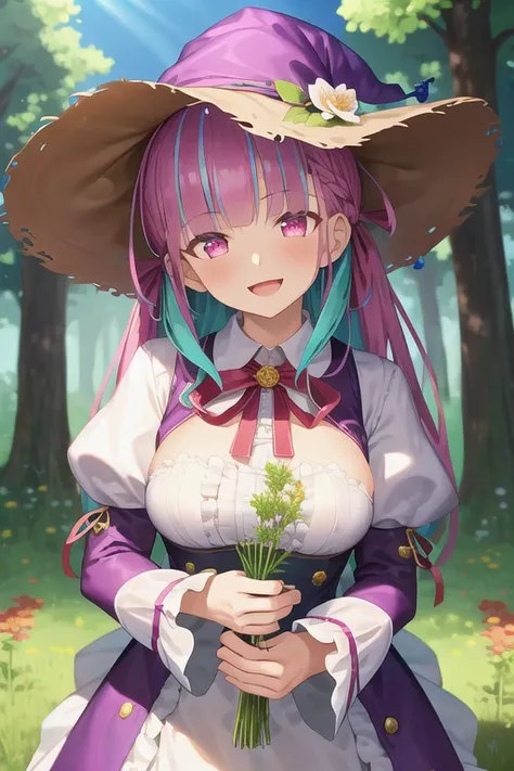 minato aqua, 1girl, solo, long hair, looking at viewer, smile, open mouth, bangs, hat, long sleeves, dress, ribbon, upper body, flower, :d, frills, outdoors, day, puffy sleeves, tree, neck ribbon, witch hat, grass, juliet sleeves, nature, forest, hat flower, witch , <lora:tr_minatoaqua_safe:1>