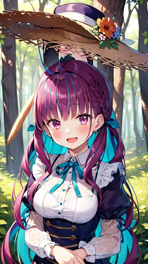 minato aqua, 1girl, solo, long hair, looking at viewer, smile, open mouth, bangs, hat, long sleeves, ribbon, upper body, flower, :d, outdoors, day, puffy sleeves, tree, neck ribbon, grass, juliet sleeves, nature, forest, <lora:minatoaqua_trSafe:1>