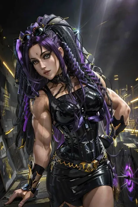 vivid hair, pencil skirt, blouse, light rays, god rays, muscular, realistic, , cybergoth, <lora:cybergoth-fC_v1.0:1>