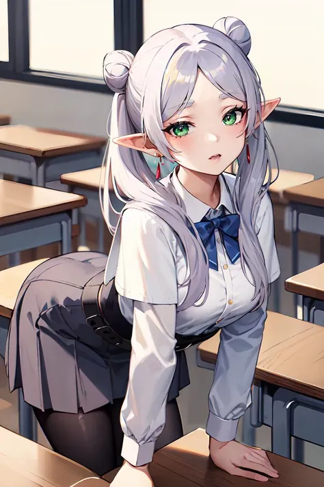 ((best quality)), ((highly detailed)), masterpiece, , (1girl), (solo), on all fours, <lora:Frieren:.8>, Frieren, white hair, twintails, green eyes, earrings, FrierenBase, twintails, earrings, white capelet, striped shirt, white skirt, long sleeves, belt, black pantyhose, (indoors, at a classroom, desks, a schoolgirl, schoolgirl uniform, pleated skirt, <lora:EraseGroinSkirt:1> ((BREAK)) and multiple girls, a teacher, standing, pencil skirt, button down shirt, hair in a bun)