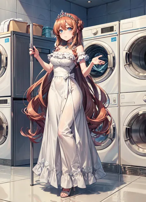 ((best quality)), ((highly detailed)), masterpiece, absurdres, detailed face, beautiful face, (detailed eyes, deep eyes), <lora:more_details:.5>, (1girl), dynamic pose, full body, princess, ((very long hair)), curly hair, light brown hair, large dress, (maxi skirt), <lora:EraseGroinSkirt:1>, tiara, (inside, in a laundryroom), <lora:valbun:.7>, valbun