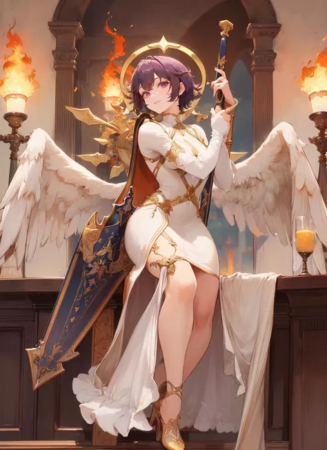 ((best quality)), ((highly detailed)), masterpiece, absurdres, (detailed eyes, deep eyes), (1girl), dynamic pose, full body, ((archangel with a fire sword and a shieldarmor)), angelic, Magnolia hair, (floating hair), purple eyes, large white wings, symmetrical wings, (halo), golden glow, calm smile, short hair, flowing (white gown), <lora:EraseGroinSkirt:1.5>, (cross), (clouds), (indoors, in a dining room), <lora:CuteSexyRobutts [MockAi - v1.0]:1>, csr, painterly style, vibrant colors