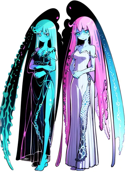 ((best quality)), ((highly detailed)), masterpiece, absurdres, (detailed eyes, deep eyes), (1girl), cowboy shot, ((very wide shot)), (((jellyfish girl))), jellyfish tentacles, (((monster girl))), <lora:ColoredSkin:.4>, colored skin, (teal colored skin), (((tentacle hair))), (colorful hair), (internal glow), bioluminescent, (((transparent skin:1.5))), ((translucent hair)), ((tentacle legs)), medium breasts, aqua dress, long dress, off-shoulder, bare shoulders, collarbone, see-through, maxidress, <lora:EraseGroinSkirt:1>, barefoot, underwater, (outside, in a cafe, coffee, (((multiple girls))), midday), <lora:pas style:.9>
