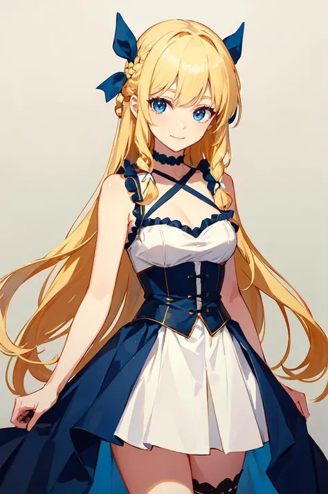 ultra detailed, masterpiece, best quality, solo, soft smile, light smile, cowboy shot,
1girl, blue eyes, very long hair, blonde hair, long blonde hair, french braid, bangs, medium breasts,
hair ribbon, frilled choker, criss-cross halter, white sleeveless dress, <lora:EraseGroinSkirt:1.5>