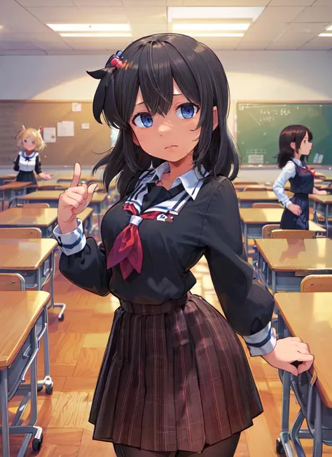 ((best quality)), ((highly detailed)), masterpiece, absurdres, extremely detailed face, beautiful face, (detailed eyes, deep eyes), (1girl), cowboy shot, <lora:hairdetailer:.9>, girl next door, friendly, (inside, in a classroom, desks, schoolgirls, ((6+girls)), schoolgirl uniform, pleated skirt, <lora:EraseGroinSkirt:1>), <lora:bacun:1>, bacun