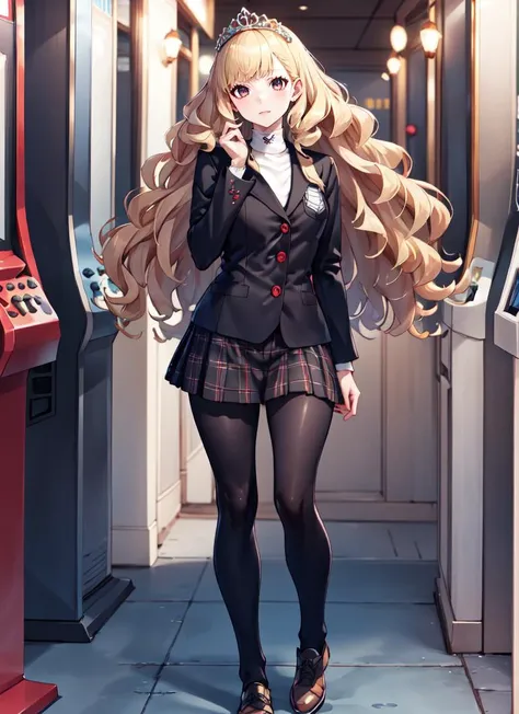 ((best quality)), ((highly detailed)), masterpiece, extremely detailed face, beautiful face, , (1girl), dynamic pose, full body, <lora:ShuujinAcademySchoolUniform:.9>, GirlUniform, shuujin academy school uniform, black jacket, plaid skirt, princess, ((very long hair)), <lora:big_hair-1.0:1>, big hair, curly hair, blonde hair, large dress, (maxiskirt), <lora:EraseGroinSkirt:1>, tiara, (indoors, in an arcade)