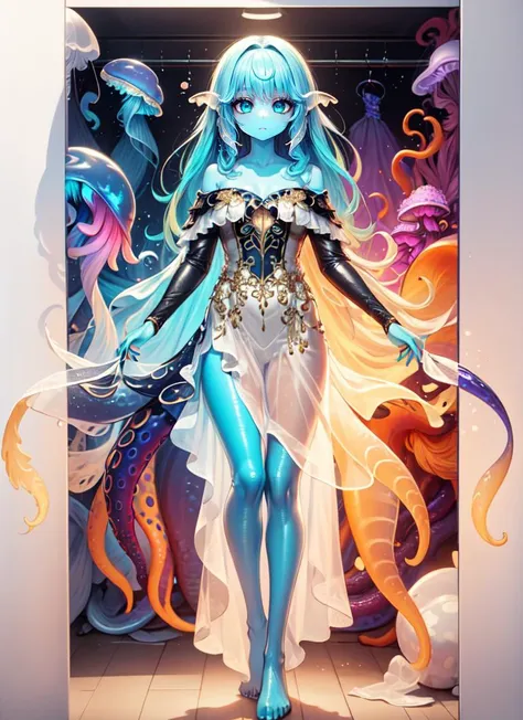 ((best quality)), ((highly detailed)), absurdres, (detailed eyes, deep eyes), (1girl), dynamic pose, full body, (((jellyfish girl))), jellyfish tentacles, (((monster girl))), <lora:ColoredSkin:.4>, colored skin, (teal colored skin), (((tentacle hair))), (colorful hair), (internal glow), bioluminescent, (((transparent skin:1.5))), ((translucent hair)), ((tentacle legs)), medium breasts, teal dress, long dress, off-shoulder, bare shoulders, collarbone, see-through, maxi dress, <lora:EraseGroinSkirt:1>, barefoot, underwater, (indoors, at a closet), <lora:sun-moon-style-v1:1>, sunmoonstyle