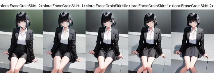 1girl, fullbody, sitting, aqua eyes, short hair, black hair, blunt bangs, black jacket, white undershirt, grey skirt, lipstick <lora:EraseGroinSkirt:-2> <lora:unhorny_v01:1>