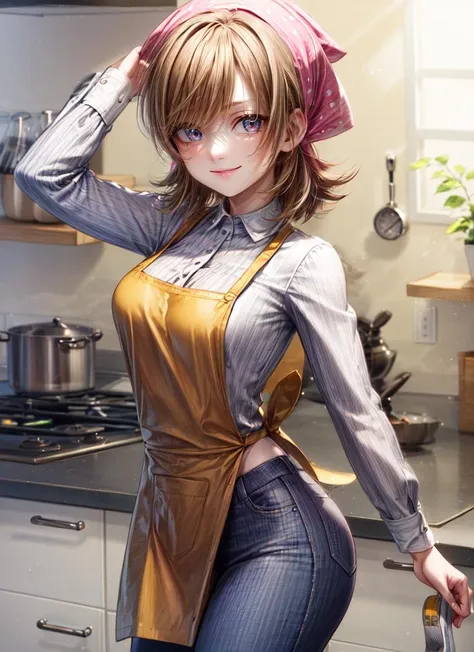 ((best quality)), ((highly detailed)), masterpiece, absurdres, extremely detailed face, beautiful face, (detailed eyes, deep eyes), <lora:more_details:.7>, (1girl), dynamic pose, cowboy shot, <lora:hairdetailer:1>, <lora:CookingMama:1>, cookingmama, brown hair, short hair, brown eyes, medium breasts, pink bandana, smiling, (yellow apron), long apron, <lora:EraseGroinSkirt:1.5>, white collared shirt, long sleeves, blue pants, shoes, white footwear, , inside, in a kitchen