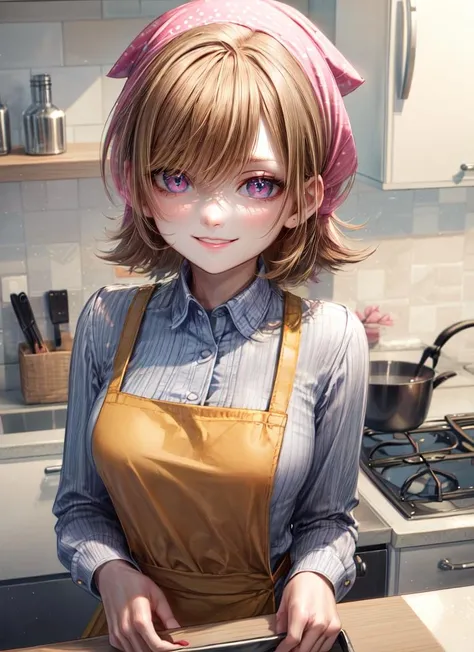 ((best quality)), ((highly detailed)), masterpiece, absurdres, extremely detailed face, beautiful face, (detailed eyes, deep eyes), <lora:more_details:.6>, (1girl), upper body, <lora:hairdetailer:.9>, <lora:CookingMama:1>, cookingmama, brown hair, short hair, brown eyes, medium breasts, pink bandana, smiling, (yellow apron), long apron, maxi apron, <lora:EraseGroinSkirt:1>, white collared shirt, long sleeves, blue pants, shoes, white footwear, , indoors, in a kitchen