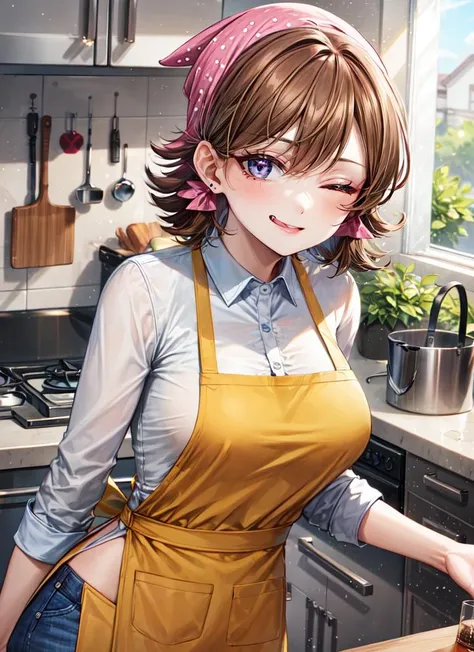 ((best quality)), ((highly detailed)), masterpiece, absurdres, (detailed eyes, deep eyes), <lora:more_details:.5>, (1girl), upper body, <lora:CookingMama:1>, cookingmama, brown hair, short hair, brown eyes, large breasts, pink bandana, one eye closed, tongue out, smiling, (yellow apron), long apron, <lora:EraseGroinSkirt:1.5>, white collared shirt, long sleeves, blue pants, slippers, white footwear, , indoors, in a kitchen