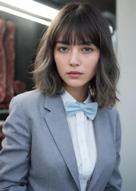 (pastel color:1.3), (High detail RAW Photo), a woman Standing with one foot in front of the other in corner of her butcher shop, wearing blazer jacket school uniform shirt bowtie long plated skirt white socks a school bag, 1960s \(style\), ((led strip lights)), (Sky blue and Ash grey ambient:1.3) ((close up:0.7)), (extremely detailed skin, photorealistic, heavy shadow, dramatic and cinematic lighting, key light, fill light), sharp focus, film grain, grainy, cinematic, imperfect skin, fabrics, textures, detailed face, detailed skin, warm colors NaturalHand2-3500, (color splash hair, wavy hair:1.3),, (pastel color:1.3), (High detail RAW Photo), (extremely detailed skin, photorealistic, heavy shadow, dramatic and cinematic lighting, key light, fill light), sharp focus, film grain, grainy, cinematic, imperfect skin, fabrics, textures, detailed face, detailed skin, detailed fingers, warm colors NaturalHand2-3500,