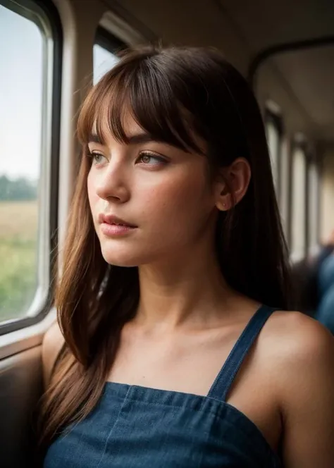 sitting woman, 25 yo, (bangs hair:1.2), ( redhead medium long hair:1.2), (blue eyes:1.2), faint lips, cowboy shot, front view, wear a maid apron , in the train, rural landscape, window, on seat, her peaceful expression and gentle breathing create a calming atmosphere, natural skin texture, hyperrealism, hdr, hyperdetailed, RAW photo, photorealistic, best quality, highres, realistic, 8k, caustics, dynamic light, beautiful and delicate lips, delicate fingers, detailed pupil, real human skin,