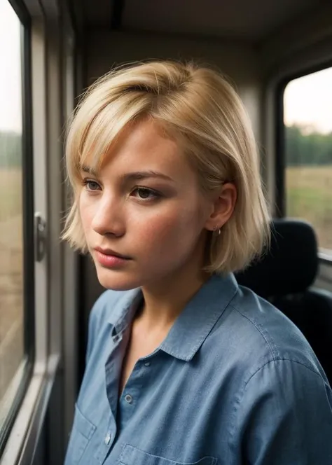 Water drops on window, heavy rain outside, Strong fluorescent light, sitting woman, 25 yo, (bangs hair:1.2), (platinum blond hair, retriever hair:1.36),faint lips, cowboy shot, front view, wear a maid apron , in the train, rural landscape, window, on seat, her peaceful expression and gentle breathing create a calming atmosphere,, natural skin texture, hyperrealism, hdr, hyperdetailed, RAW photo, photorealistic, best quality, highres, realistic, 8k, caustics, dynamic light, beautiful and delicate lips, delicate fingers, detailed pupil, real human skin,