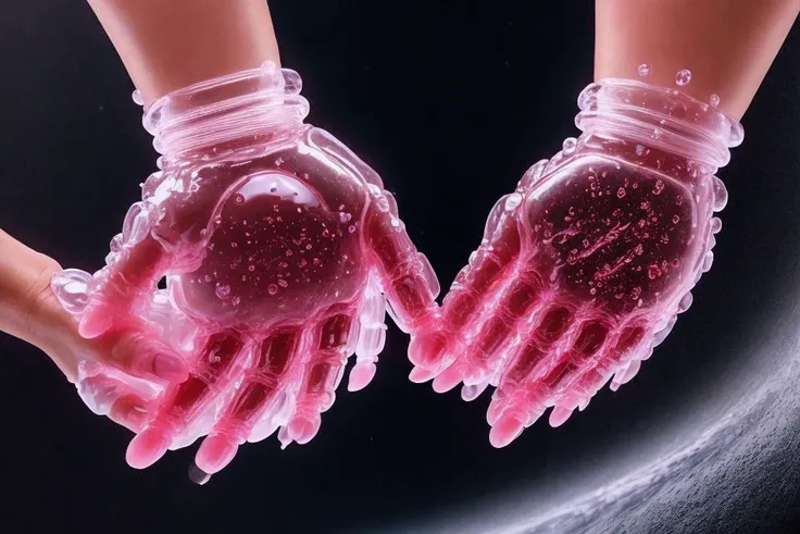Woman holding their hands in the __n30n__ gelatintech, hyperrealism, hands retouched, symmetrical hands, liquid hands and feet spinning, scify <lora:GelatinTech-20:1.35>