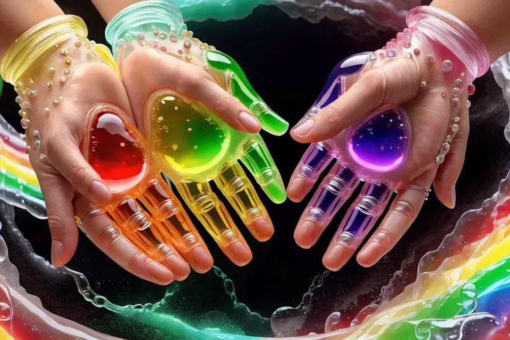 Woman holding their hands in the rainbow gelatintech, hyperrealism, hands retouched, symmetrical hands, liquid hands and feet spinning, scify <lora:GelatinTech-20:1.35>