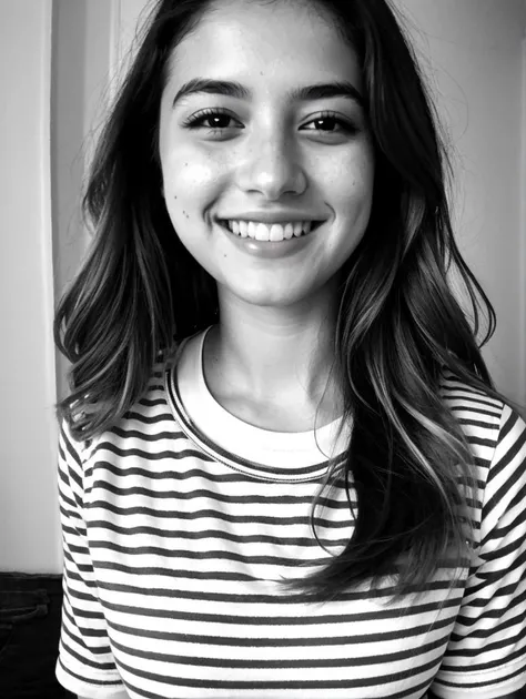 instagram black and white photo, solo, closeup face photo of 23 year old annette in pink striped baseball tee, olive skin, (smile:0.4), volumetric lighting, dynamic lighting high contrast color