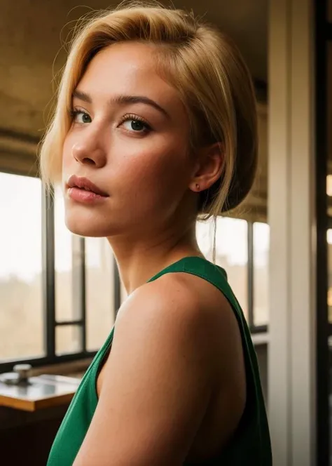 sitting woman, 25 yo, (bangs hair:1.2), (platinum blond twin braids hair:1.2), (green eyes:1.2), faint lips, cowboy shot, front view, wear a Cafe staff uniform , in the train, rural landscape, window, on seat, her peaceful expression and gentle breathing create a calming atmosphere, natural skin texture, hyperrealism, hdr, hyperdetailed, RAW photo, photorealistic, best quality, highres, realistic, 8k, caustics, dynamic light, beautiful and delicate lips, delicate fingers, detailed pupil, real human skin,