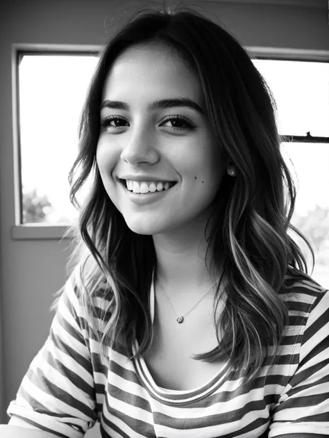 instagram black and white photo, solo, closeup face photo of 23 year old annette in pink striped baseball tee, olive skin, (smile:0.4), volumetric lighting, dynamic lighting high contrast color