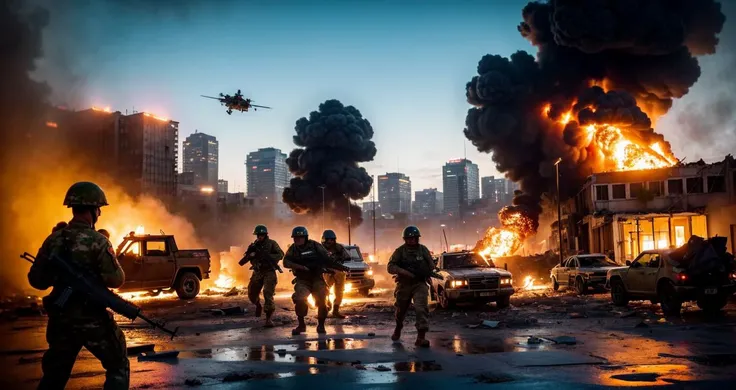 (8k, best quality, masterpiece, ultra highres:1.2) A modern war battle scene image, rendered in a realistic style. The scene shows a group of soldiers fighting in a city street. The soldiers are wearing modern military uniforms and are armed with assault rifles and other weapons. The city street is in ruins, with buildings destroyed and debris scattered everywhere. The soldiers are engaged in a fierce firefight with the enemy, and the air is filled with the sound of gunfire and explosions. The scene is chaotic and violent, but it is also full of heroism and determination, shot by IMAX camera