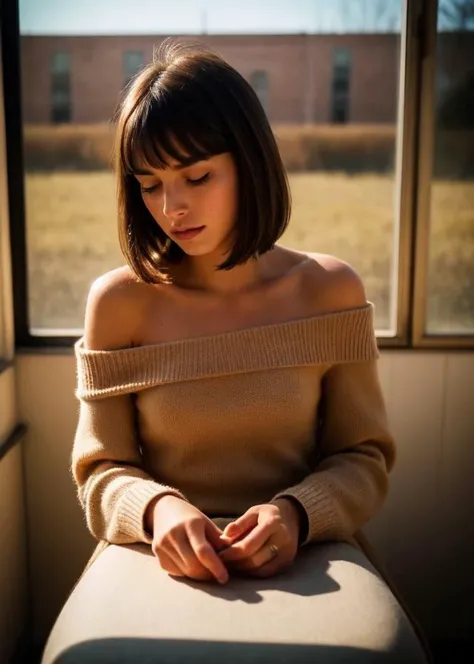 sitting woman, 25 yo, (bangs hair:1.2), ( brown bangs hair:1.2), (brown eyes:1.2), faint lips, cowboy shot, front view, wear a off-shoulder sweater , in the train, rural landscape, window, on seat, her peaceful expression and gentle breathing create a calming atmosphere, natural skin texture, hyperrealism, hdr, hyperdetailed, RAW photo, photorealistic, best quality, highres, realistic, 8k, caustics, dynamic light, beautiful and delicate lips, delicate fingers, detailed pupil, real human skin,