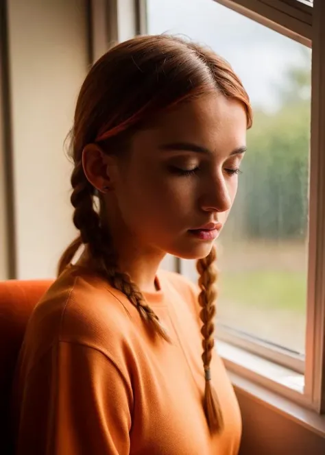 Water drops on window, heavy rain outside, Strong fluorescent light, sitting woman, 25 yo, (bangs hair:1.2), (pastel orange hair, side braid hair:1.36),faint lips, cowboy shot, front view, wear a pajamas , in the train, rural landscape, window, on seat, her peaceful expression and gentle breathing create a calming atmosphere,, natural skin texture, hyperrealism, hdr, hyperdetailed, RAW photo, photorealistic, best quality, highres, realistic, 8k, caustics, dynamic light, beautiful and delicate lips, delicate fingers, detailed pupil, real human skin,