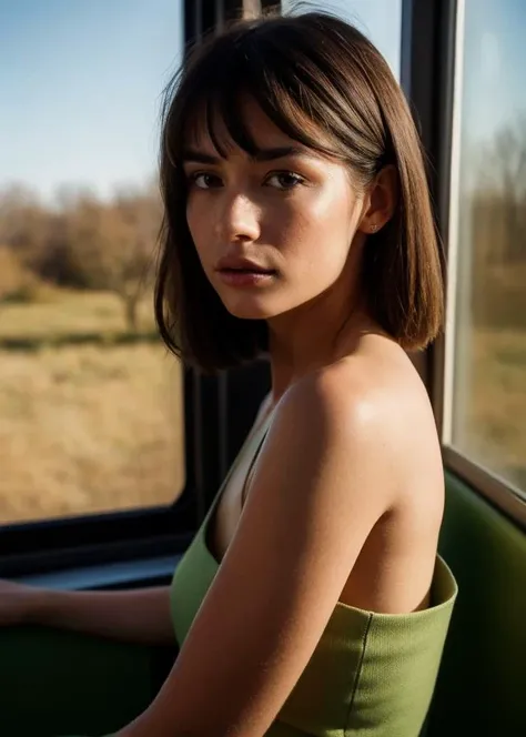 sitting woman, 25 yo, (bangs hair:1.2), ( light brown upstyle hair:1.2), (green eyes:1.2), faint lips, cowboy shot, front view, wear a miniskirt nurse costume , in the train, rural landscape, window, on seat, her peaceful expression and gentle breathing create a calming atmosphere, natural skin texture, hyperrealism, hdr, hyperdetailed, RAW photo, photorealistic, best quality, highres, realistic, 8k, caustics, dynamic light, beautiful and delicate lips, delicate fingers, detailed pupil, real human skin,
