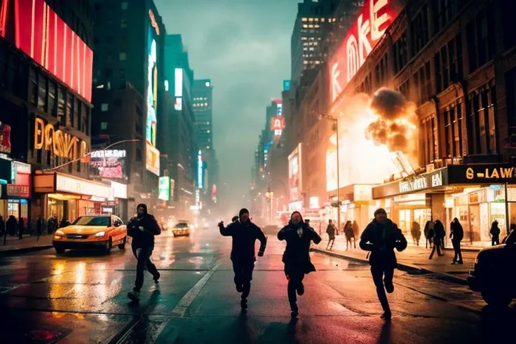 (8k, RAW photo, best quality, masterpiece:1.2), cinematic shot, future post-apocalyptic New York, people running on street, explosion, smoke, taken on hasselblad camera, sharp focus, (depth of field:0.6), cinematic color grade, cyberpunk, neo-noir