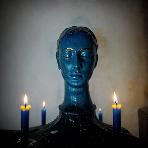 a turquoise blue statue with a candle in front and behind it with golden contours and a plastered wall behind it with huge cracks and failing paint, Bridget Bate Tichenor, (((wet))), tears, yellow candles <lora:add_detail:1> <lora:ReaLora:1>
