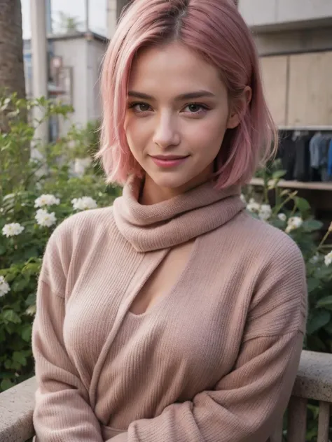 (wear a scarf, smile, sweater, long sleeves, fence, sleeves past wrists, facing viewer, grin, indoors:1.3), a (selfie:1.2) of a pretty (young:1.5) 1girl, (teenage:1.5), Skin luster, Rembrandt lighting, (baby pink hair, Jinx hair:1.36), disdain photograph for passports, ID cards, (close to viewer, POV:1.1), small breasts, from above, dynamic light, day light, sunshine, (freckles:0.2), (dark mole:0.2), (skin spots, acnes, skin blemishes, age spot, lanugo:0.2), (in the fashion boutiques:1.3) NaturalHand2-3500, natural skin texture, hyperrealism, hdr, hyperdetailed, RAW photo, photorealistic, best quality, highres, realistic, 8k, caustics, dynamic light, beautiful and delicate lips, delicate fingers, detailed pupil, real human skin,
