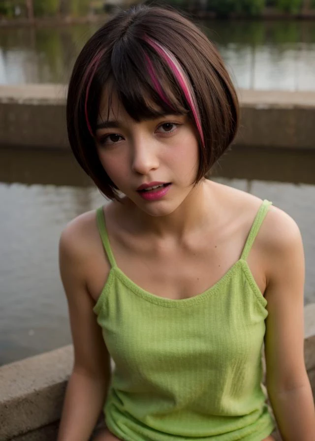 Ultra-high quality photos, RAW photo, beautiful detailed face and eyes, (photorealistic:1.4), best quality, highres, realistic, 16k, caustics, Core shadow, dynamic light, beautiful and delicate lips, delicate fingers, detailed pupil, real human skin, (Extremely detailed), RAW photo, nsfw, panty shot, sitting woman, 25 yo, (bangs hair:1.2), faint lips, cowboy shot, from above, (DayGlo hair,  bob cut hair:1.36), clenched teeth,
(freckles, mole:0.2), (skin spots, acnes, skin blemishes, age spot, lanugo, pimple, blood spot, dirty,:0.2)
(in the dam:1.3), her peaceful expression and gentle breathing create a calming atmosphere