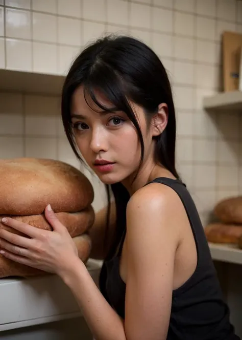 Renaissance, 1girl, wearing advertising sales agent outfits, (black hair,  retriever hair:1.36),
, Various postures, contemptuous, badmood, skinny, 
(freckles:0.5), (dark mole:0.3), (skin spots, acnes, skin blemishes, age spot, lanugo:0.3),  from behind , in the (bakery:1.4), 
Trending on Artstation,
autumn,
afternoon,, Ultra-high quality photos, RAW photo, beautiful detailed face and eyes, (photorealistic:1.4), best quality, highres, realistic, 16k, caustics, Core shadow, dynamic light, beautiful and delicate lips, delicate fingers, detailed pupil, real human skin, (Extremely detailed),