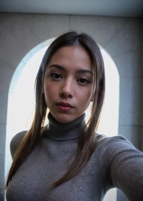 (wear a turtleneck :1.3), a (selfie:1.2) of a pretty (young:1.5) 1girl, (teenage:1.5), Skin luster, Rembrandt lighting, (monochromatic hair, absurdly long hair:1.36), smug face photograph for passports, ID cards, (close to viewer, POV:1.1), small breasts, from above, dynamic light, day light, sunshine, (freckles:0.2), (dark mole:0.2), (skin spots, acnes, skin blemishes, age spot, lanugo:0.2), (in the crypt:1.3) NaturalHand2-3500, Ultra-high quality photos, RAW photo, beautiful detailed face and eyes, (photorealistic:1.4), best quality, highres, realistic, 16k, caustics, Core shadow, dynamic light, beautiful and delicate lips, delicate fingers, detailed pupil, real human skin, (Extremely detailed),