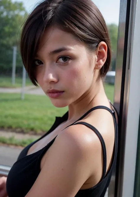Water drops on window, heavy rain outside, Strong fluorescent light, sitting woman, 25 yo, (bangs hair:1.2),  (primary colors hair,  one-length haircut hair:1.36),faint lips, cowboy shot, front view, wear a  maid apron , in the train, rural landscape, window, on seat, her peaceful expression and gentle breathing create a calming atmosphere,, natural skin texture, hyperrealism, hdr, hyperdetailed, RAW photo, photorealistic, best quality, highres, realistic, 8k, caustics, dynamic light, beautiful and delicate lips, delicate fingers, detailed pupil, real human skin,