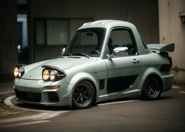 stylistic, a car with oversized tires, reflective, hyper detailed, ultra sharp, film, ultra realistic, ((best quality)), ((masterpiece)), ((realistic)), no humans, silicone, metal, (highly detailed, fine details, intricate), (lens flare:0.5), (bloom:0.5), dust, raytracing, specular lighting, (((depth of field, cinematic film still))),